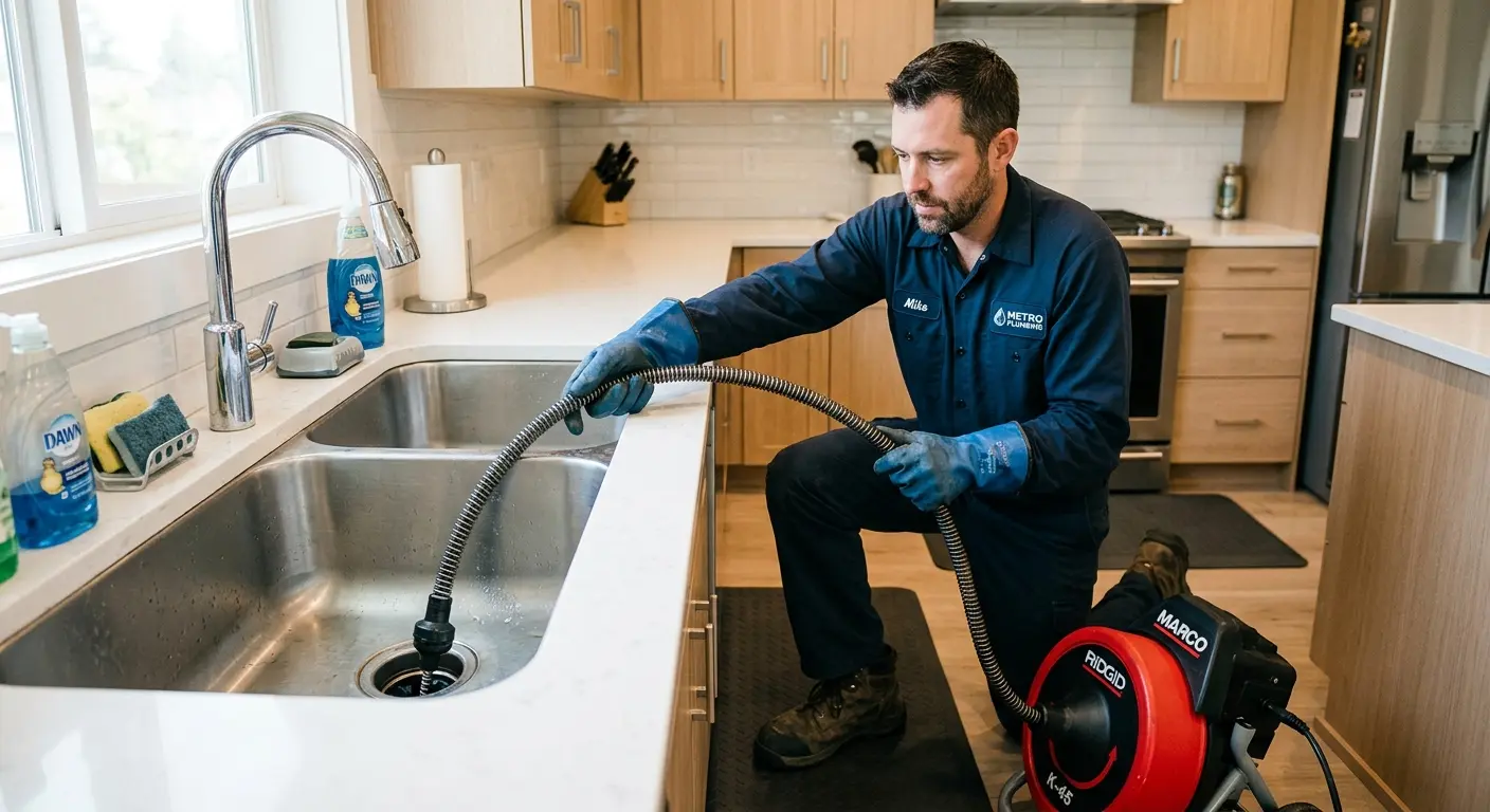 Drain cleaning technician using a motorized snake on a kitchen sink in Phoenixville