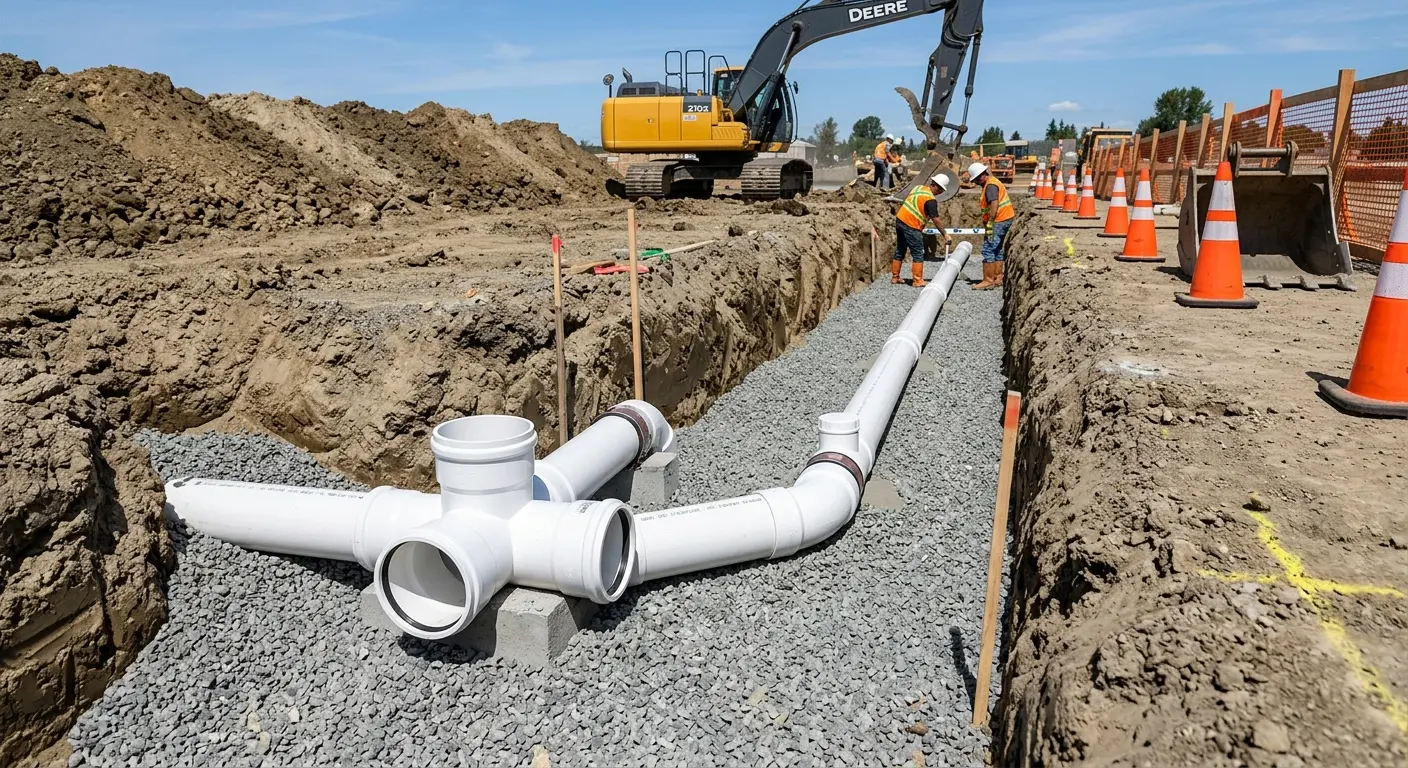 New PVC sewer pipe installation in open trench for Sewer Backup in Phoenixville