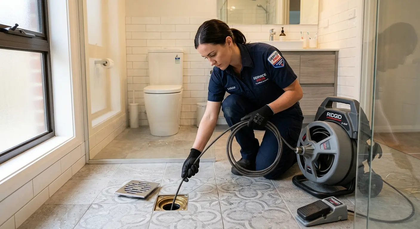 Technician clearing a bathroom floor drain for Drain Repair in Phoenixville
